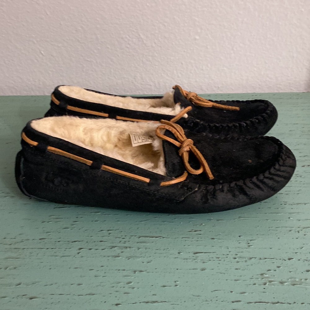UGG Black Suede Moccasin Slippers with Tan Laces and Cream Fur - Picture 3 of 5